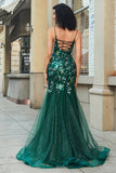 Dark Green Mermaid Spaghetti Straps Long Appliqued Prom Dress With Slit