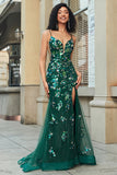 Dark Green Mermaid Spaghetti Straps Long Appliqued Prom Dress With Slit