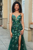 Dark Green Mermaid Spaghetti Straps Long Appliqued Prom Dress With Slit