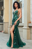 Dark Green Mermaid Spaghetti Straps Long Appliqued Prom Dress With Slit