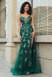 Dark Green Mermaid Spaghetti Straps Long Appliqued Prom Dress With Slit