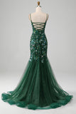 Mermaid Lace-Up Back Dark Green Prom Dress with Appliques