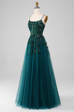 Dark Green Spaghetti Straps A Line Prom Dress with Slit