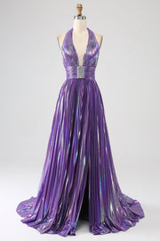 Glitter Purple Pleated Metallic Long Prom Dress with Slit