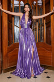 Purple Pleated Metallic Glitter Long Prom Dress with Slit