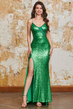 Sparkly Mermaid Green Sequins Long Prom Dress with Split Front