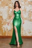 Sparkly Mermaid Green Sequins Long Prom Dress with Split Front