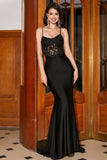 Mermaid Spaghetti Straps Black Corset Prom Dress With Appliques