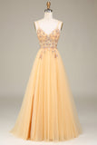 Charming A Line Spaghetti Straps Golden Long Prom Dress with Beading