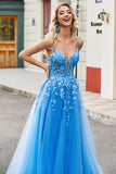 Gorgeous A Line Spaghetti Straps Blue Long Prom Dress with Appliques