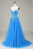 A-Line Spaghetti Straps Blue Tulle Prom Dress With Appliques