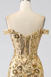 Sparkly Mermaid Off The Shoulder Golden Corset Prom Dress with Slit