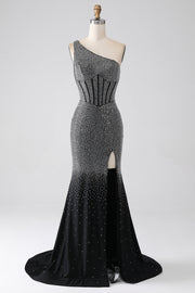 Sparkly Black Mermaid One Shoulder Corset Prom Dress