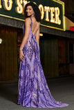 Sparkly Dark Purple Sequins Mermaid Backless Long Prom Dress