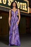 Sparkly Dark Purple Sequins Mermaid Backless Long Prom Dress