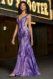 Sparkly Dark Purple Sequins Mermaid Backless Long Prom Dress