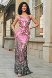 Metallic Fuchsia Sequins Mermaid Spaghetti Straps Backless Long Prom Dress