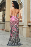 Metallic Fuchsia Sequins Mermaid Spaghetti Straps Backless Long Prom Dress