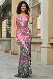 Metallic Fuchsia Sequins Mermaid Spaghetti Straps Backless Long Prom Dress