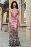 Metallic Fuchsia Sequins Mermaid Spaghetti Straps Backless Long Prom Dress