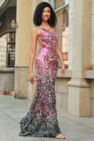 Metallic Fuchsia Sequins Mermaid Spaghetti Straps Backless Long Prom Dress