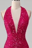 Fuchsia Mermaid Halter Sequin Prom Dress With Slit