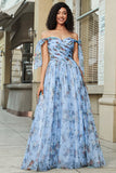 Blue A Line Printed Adjustable Straps Long Prom Dress