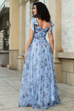 Blue A Line Printed Adjustable Straps Long Prom Dress