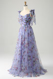 A-Line Lavender Printed Adjustable Straps Long Prom Dress