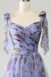 A-Line Lavender Printed Adjustable Straps Long Prom Dress