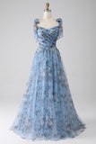 A-Line Lavender Printed Adjustable Straps Long Prom Dress