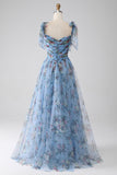 Blue A Line Printed Adjustable Straps Long Prom Dress