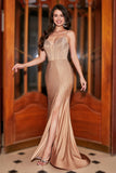 Trendy Mermaid Spaghetti Straps Champagne Corset Prom Dress with Beading