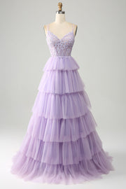 Lilac Tulle Tiered Princess Corset Prom Dress with Appliques