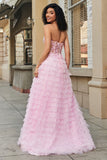 Pink A Line Strapless Tiered Long Corset Prom Dress With Lace