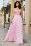 Pink A Line Strapless Tiered Long Corset Prom Dress With Lace