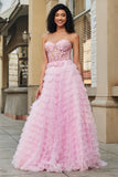 Pink A Line Strapless Tiered Long Corset Prom Dress With Lace