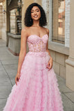 Pink A Line Strapless Tiered Long Corset Prom Dress With Lace