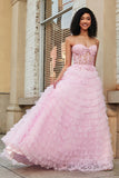 Pink A Line Strapless Tiered Long Corset Prom Dress With Lace