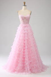 Pink A-Line Strapless Tiered Long Corset Prom Dress