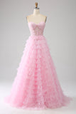 Pink A-Line Strapless Tiered Long Corset Prom Dress