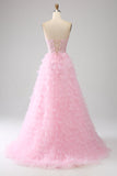 Pink A-Line Strapless Tiered Long Corset Prom Dress