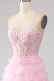 Pink A-Line Strapless Tiered Long Corset Prom Dress