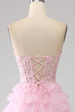 Pink A-Line Strapless Tiered Long Corset Prom Dress