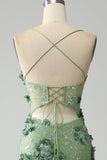 Mermaid Spaghetti Straps Green Corset Prom Dress with Appliques