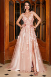 A-Line Spaghetti Straps Blush Long Prom Dress with Appliques