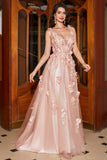 A-Line Spaghetti Straps Blush Long Prom Dress with Appliques