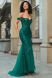 Stylish Mermaid Off the Shoulder Dark Green Corset Prom Dress with Split Front