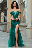 Stylish Mermaid Off the Shoulder Dark Green Corset Prom Dress with Split Front