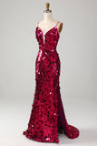 Sparkly Mermaid Spaghetti Straps Fuchsia Sequins Long Prom Dress with Slit